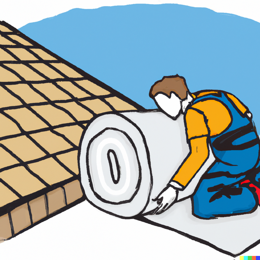 an artists impression of a roof worker installing a roll of Permastop/Anticon Blanket to a roof.