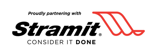 this is an image of the "Proudly partnering with Stramit" Logo. It has black text and red rolling roof lines as an icon.