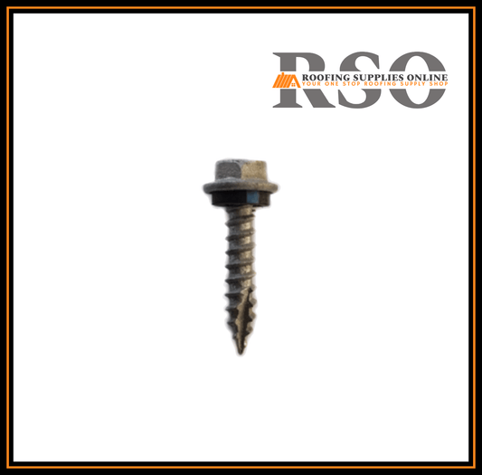 This image is of a 25mm HEX roof screw with a neoprene seal and has a cutting head that is suilted for fixing to timber battens