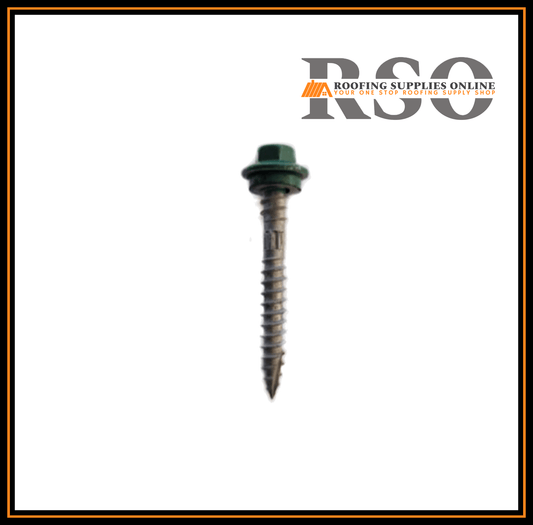 This image is of a 50mm HEX roof screw with a neoprene seal and has a cutting head that is suilted for fixing to timber battens
