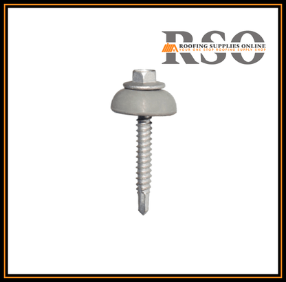 This is an image of a 50mm oneshot HEX roof screw. Designed for fixing polycarbonate sheets it has a cutting head that drills a large 10mm hole to allow for thermal expansion and a large cup below the HEX head for waterproofing.