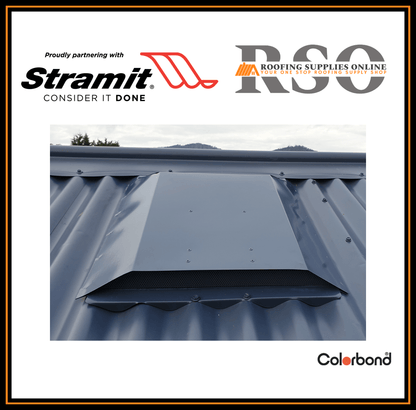 This is a photo of a 350mm Low profile Roof Scoop Vent. It is made from Colorbond and installed near the Ridge capping to assist with Ventalation