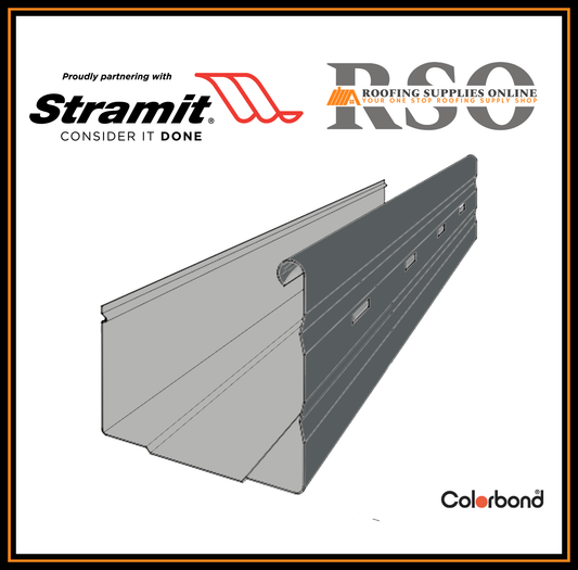 This is an image of a length of Stramit Square M-pattern gutter. The colour is Basalt by Colorbond Australia