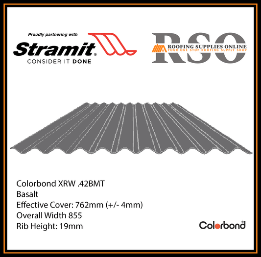This is an image of a 2.4m corrugated roof sheets that include dimensions of the corrugated roofing iron sheet that has been made by Stramit.