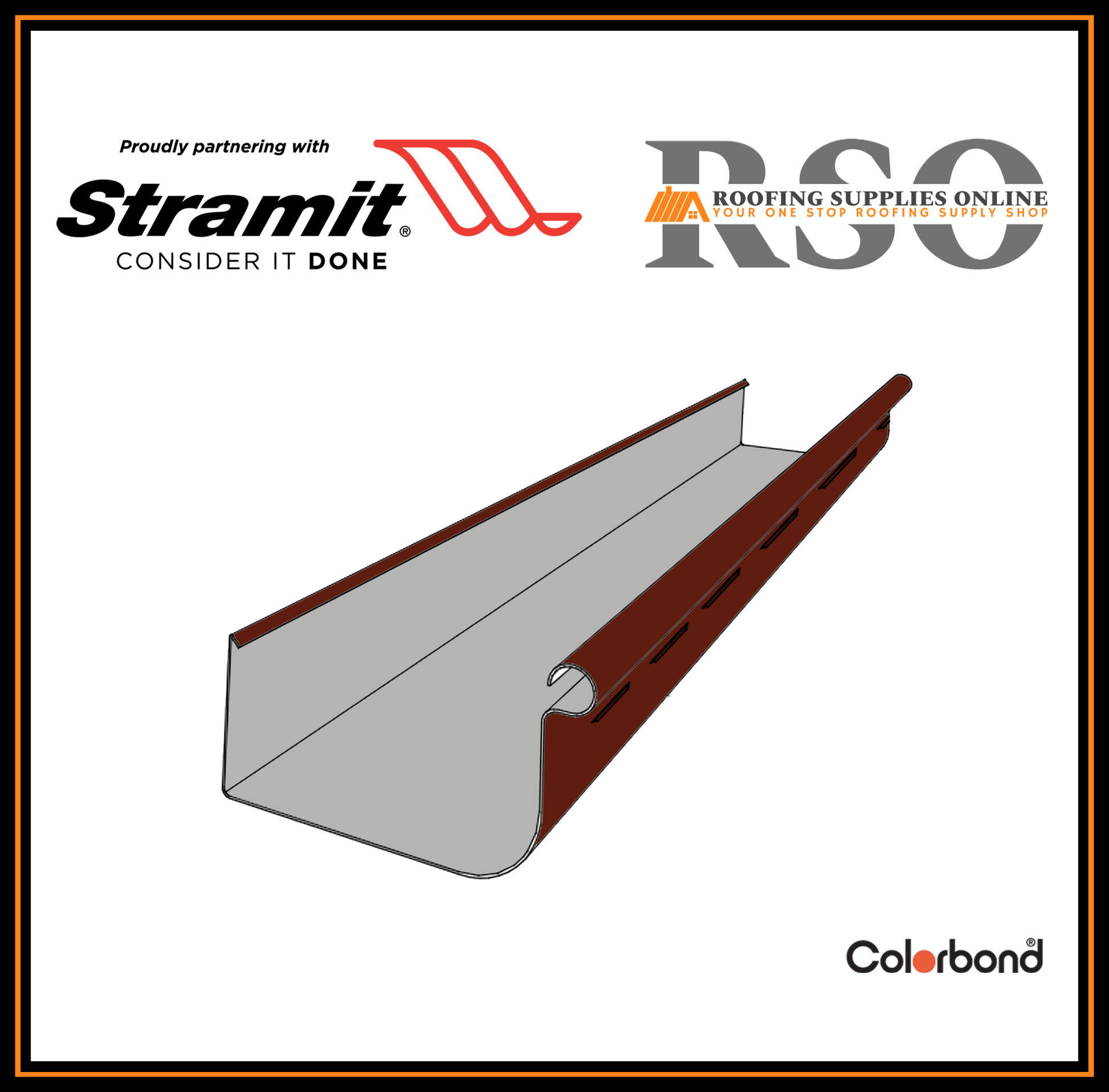 This is an image of a length of Stramit Quad Gutter 115. The gutters Colour is Called Manor Red and it is made from Colorbond