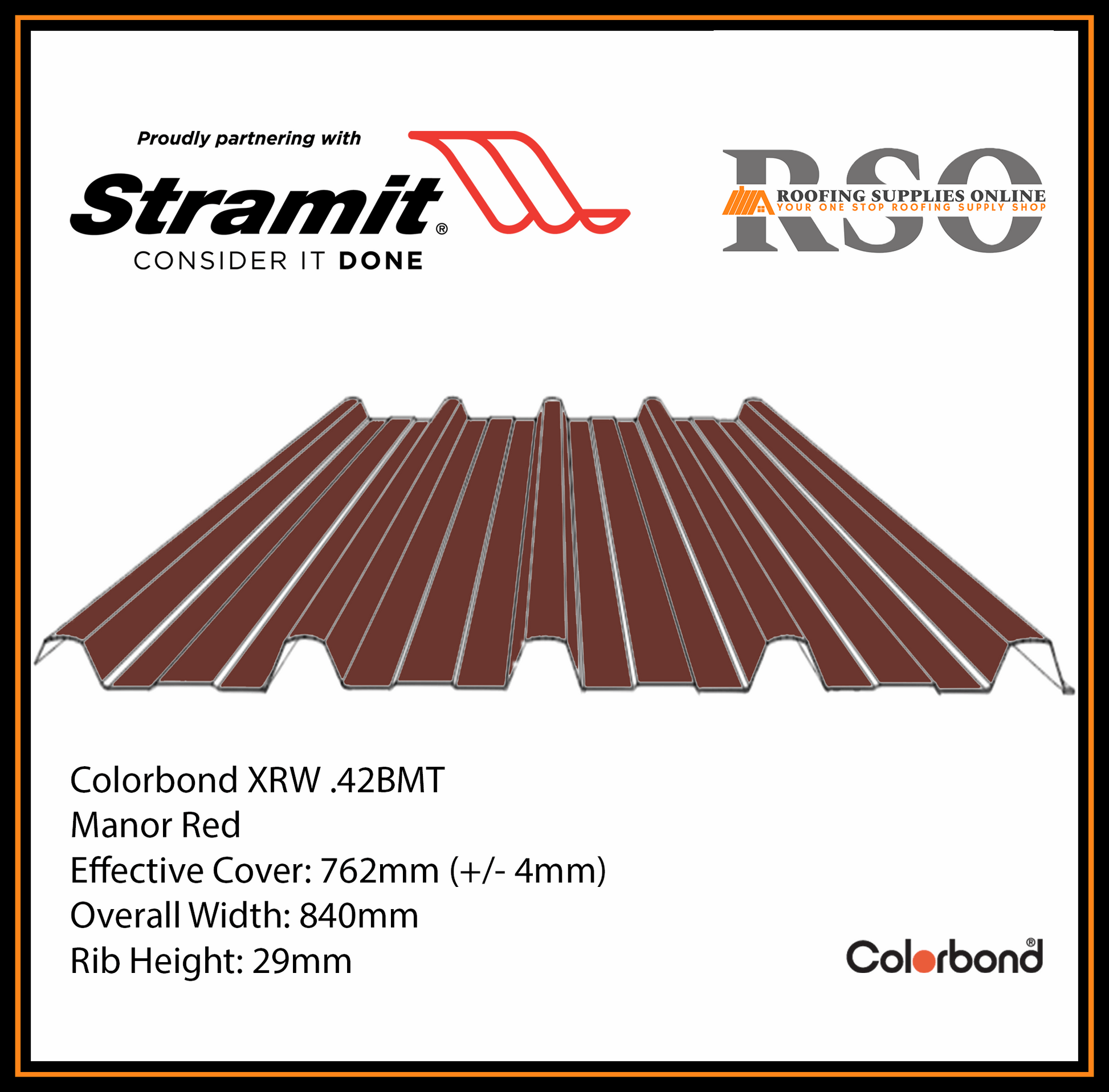 This is an illustration of a Monoclad profile roof sheet which is also known as 5 Rib or Trimdek profile. This Roof sheet's colour is called Manor Red.