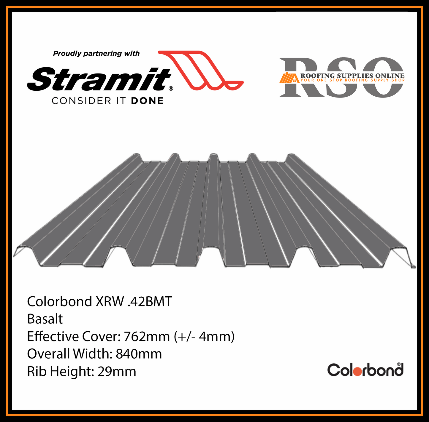This is an illustration of a Monoclad profile roof sheet which is also known as 5 Rib or Trimdek profile. This Roof sheet's colour is called Basalt.