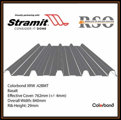 This is an illustration of a Monoclad profile roof sheet which is also known as 5 Rib or Trimdek profile. This Roof sheet's colour is called Basalt.