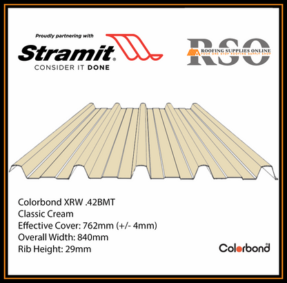 This is an illustration of a Monoclad profile roof sheet which is also known as 5 Rib or Trimdek profile. This Roof sheet's colour is called Classic Cream.