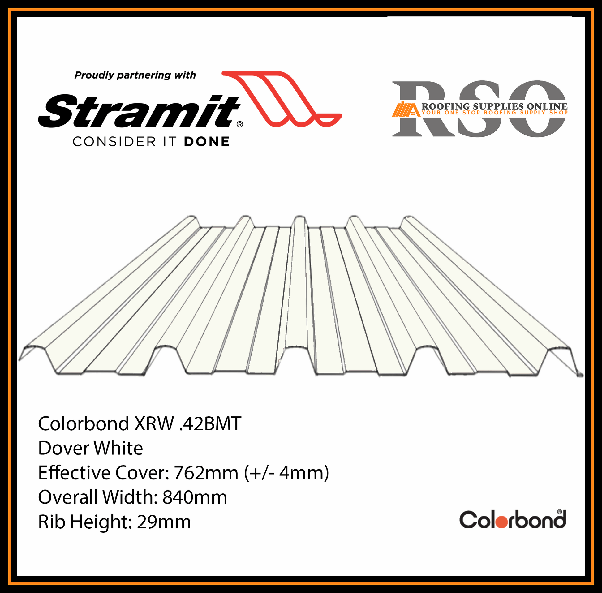 This is an illustration of a Monoclad profile roof sheet which is also known as 5 Rib or Trimdek profile. This Roof sheet's colour is called Dover White.