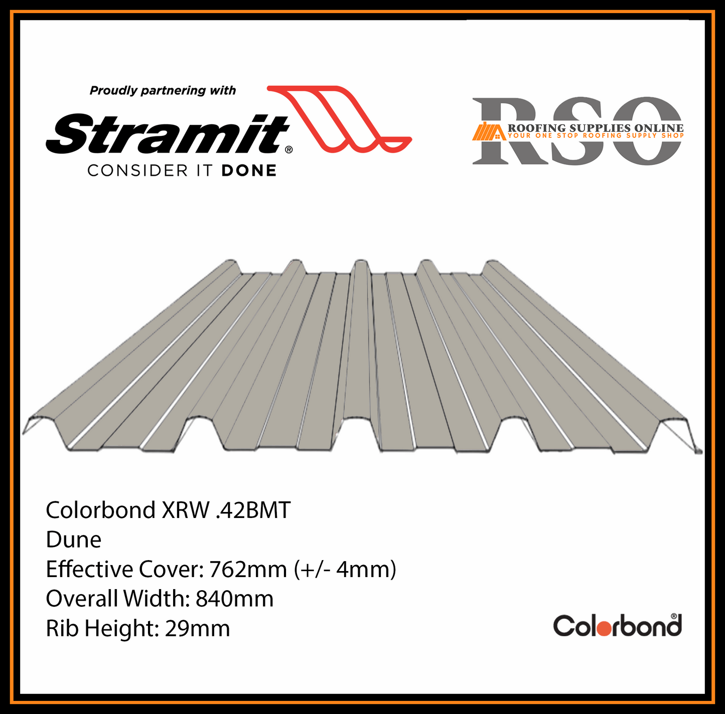 This is an illustration of a Monoclad profile roof sheet which is also known as 5 Rib or Trimdek profile. This Roof sheet's colour is called Dune.