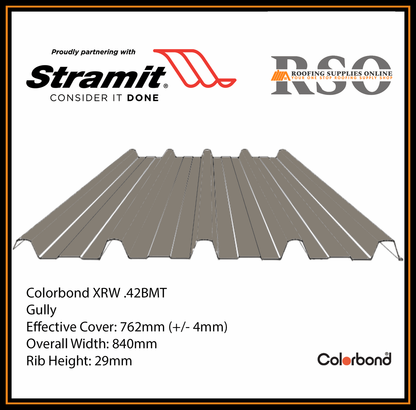 This is an illustration of a Monoclad profile roof sheet which is also known as 5 Rib or Trimdek profile. This Roof sheet's colour is called Gully.