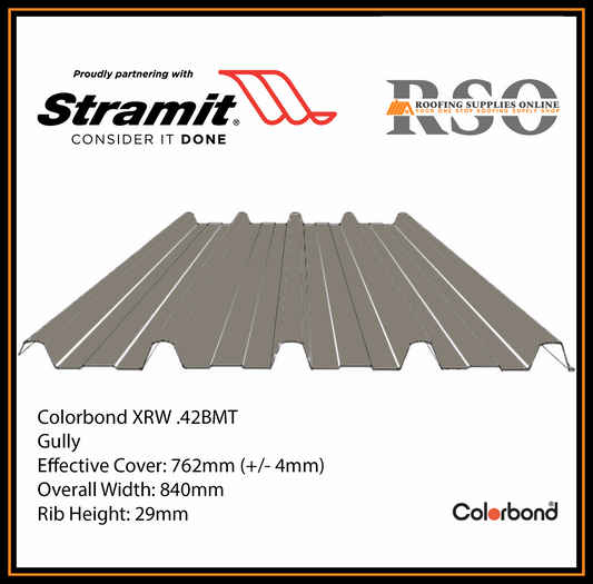 This is an illustration of a Monoclad profile roof sheet which is also known as 5 Rib or Trimdek profile. This Roof sheet's colour is called Gully.