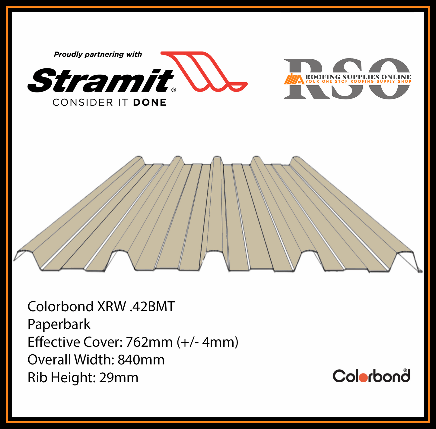 This is an illustration of a Monoclad profile roof sheet which is also known as 5 Rib or Trimdek profile. This Roof sheet's colour is called Paperbark.