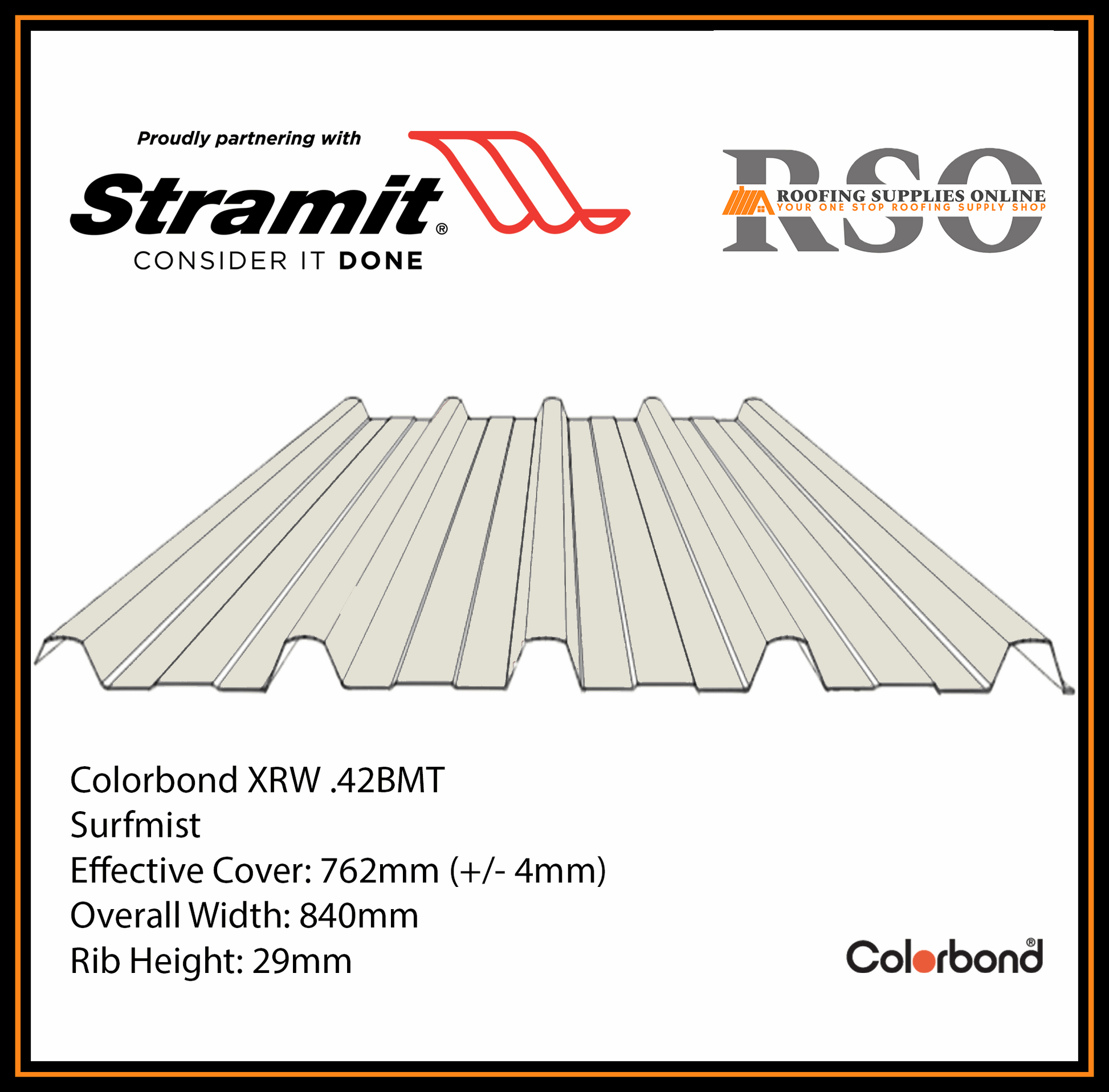 This is an illustration of a Monoclad profile roof sheet which is also known as 5 Rib or Trimdek profile. This Roof sheet's colour is called Surfmist