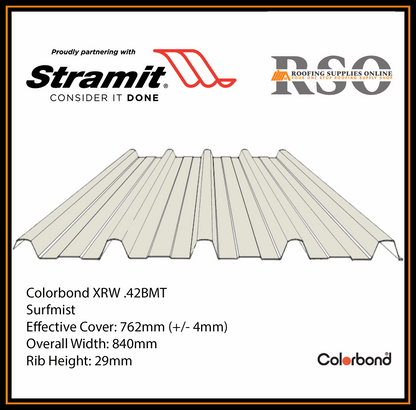 This is an illustration of a Monoclad profile roof sheet which is also known as 5 Rib or Trimdek profile. This Roof sheet's colour is called Surfmist
