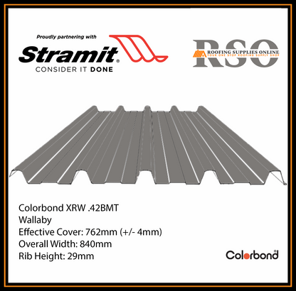 This is an illustration of a Monoclad profile roof sheet which is also known as 5 Rib or Trimdek profile. This Roof sheet's colour is called Wallaby.