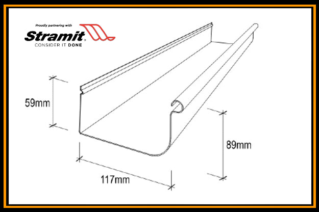 This is a line drawing of Stramit Quad Gutter which depicts is dimensions aswell as detailing the products profile.