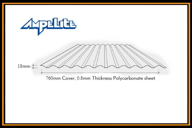 This is a line drawing that includes dimensions of a corrugated polycarbonate roof sheet that has been made by Ampelite