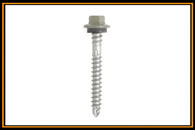 This image is of a 50mm HEX roof screw with a neoprene seal and has a cutting head that is suilted for fixing to timber or metal battens