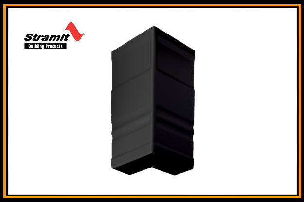 This is a photo of Stramit’s Colorbond Rolled Fascia external fascia corner cap. It is used to neatly form the corners on the building’s fascia. 